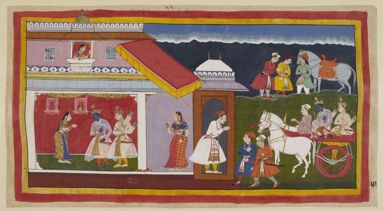 Add 15296 (1) f.41r, Dopo aver finalmente persuaso sua madre e suo fratello ad accettare con calma il suo destino, Rama e Laksmana tornano al suo palazzo sul carro, la testa di Rama china nella sua consueta umiltà. Vengono accolti da Sita, che lo ha visto  da Indian School
