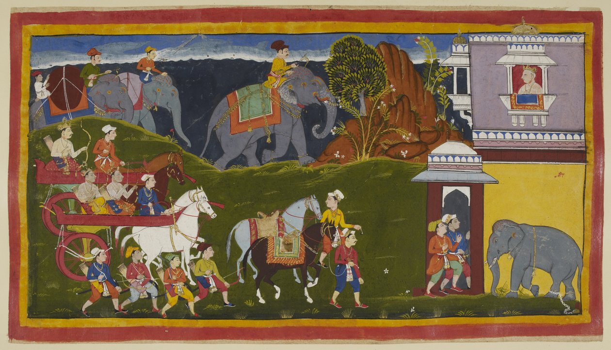 Bharata, Shatrughna e il loro zio, insieme ai servitori e due cavalli da sella guidati, con elefanti carichi oltre la linea dell