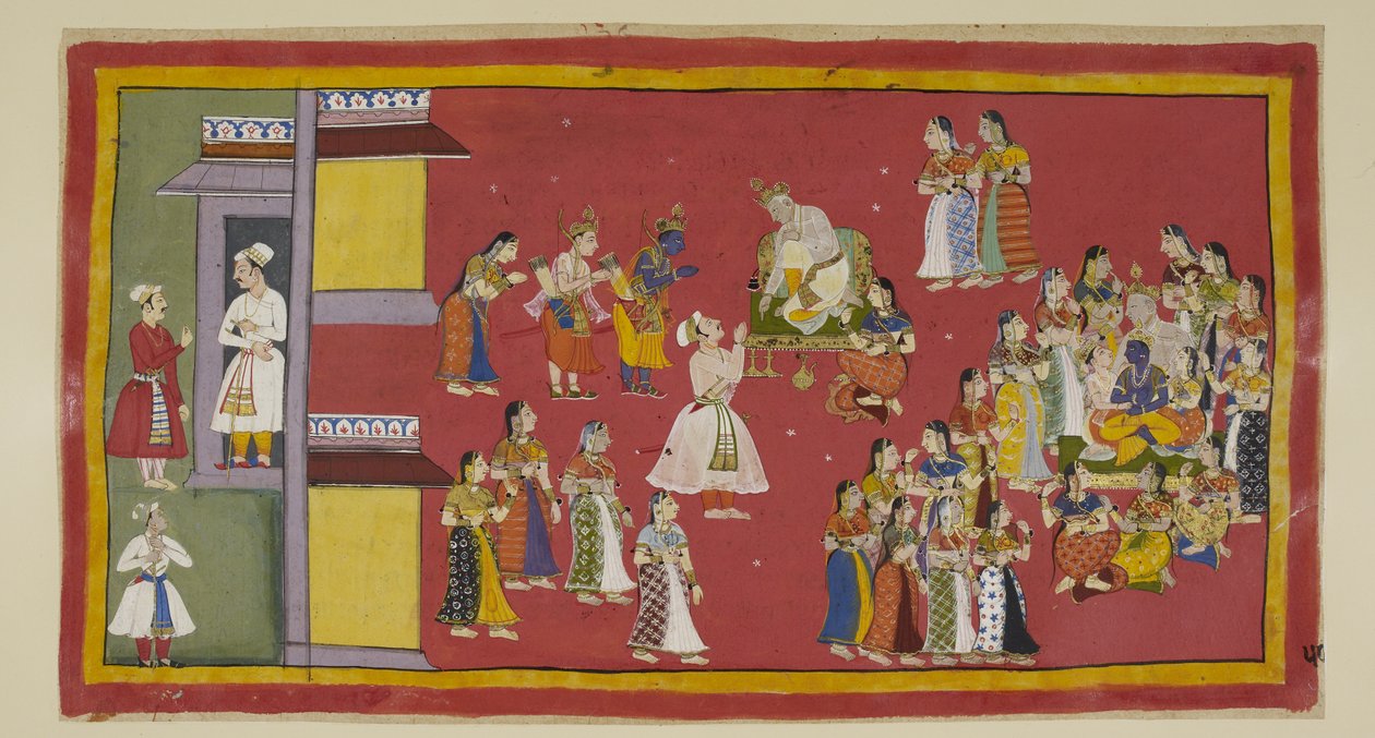 Dasaratha aveva precedentemente ordinato a Sumantra di convocare le sue regine e tutte le sue mogli, che ora circondano il re quando Sumantra porta gli esiliati a fare i loro saluti. Dasaratha cerca di persuadere Rama a non andare nella foresta. da Indian School