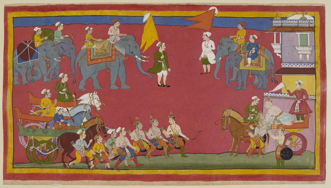 I due principi e il loro zio sono scesi dai loro carri e avanzano da sinistra per salutare il re. Egli esce dal palazzo a destra nel suo carro e si china per salutarli affettuosamente. Elefanti sono sullo sfondo da Indian School