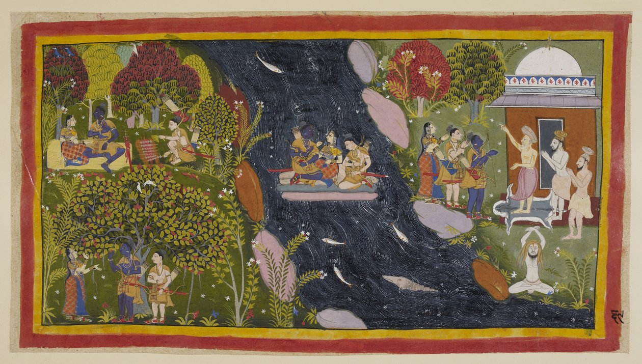 Bharadvāja, a destra nel suo eremo, consiglia ai viaggiatori la strada per Citrakuta. Al centro, attraversano lo Yamunā su una zattera improvvisata, con Sita che prega di nuovo la dea del fiume per un ritorno sicuro da Indian School