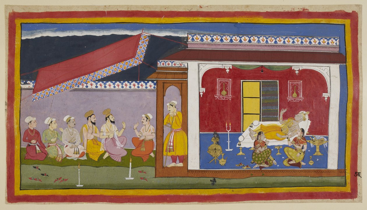 Add 15296 (1) f.76r, Dasaratha giace sul suo letto nella sua camera, le due regine sedute accanto a lui, tutti e tre nell