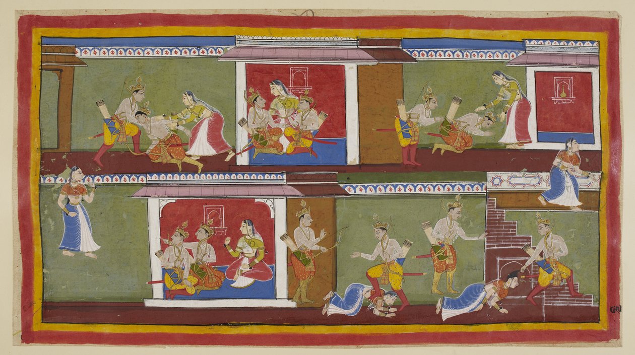 In alto a destra, Bharata e Shatrughna salutano Kaikeyi, che li prende in grembo, e conversano sugli avvenimenti recenti. Bharata sviene quando sente della morte del padre e di ciò che sua madre ha fatto per assicurarsi il trono da Indian School