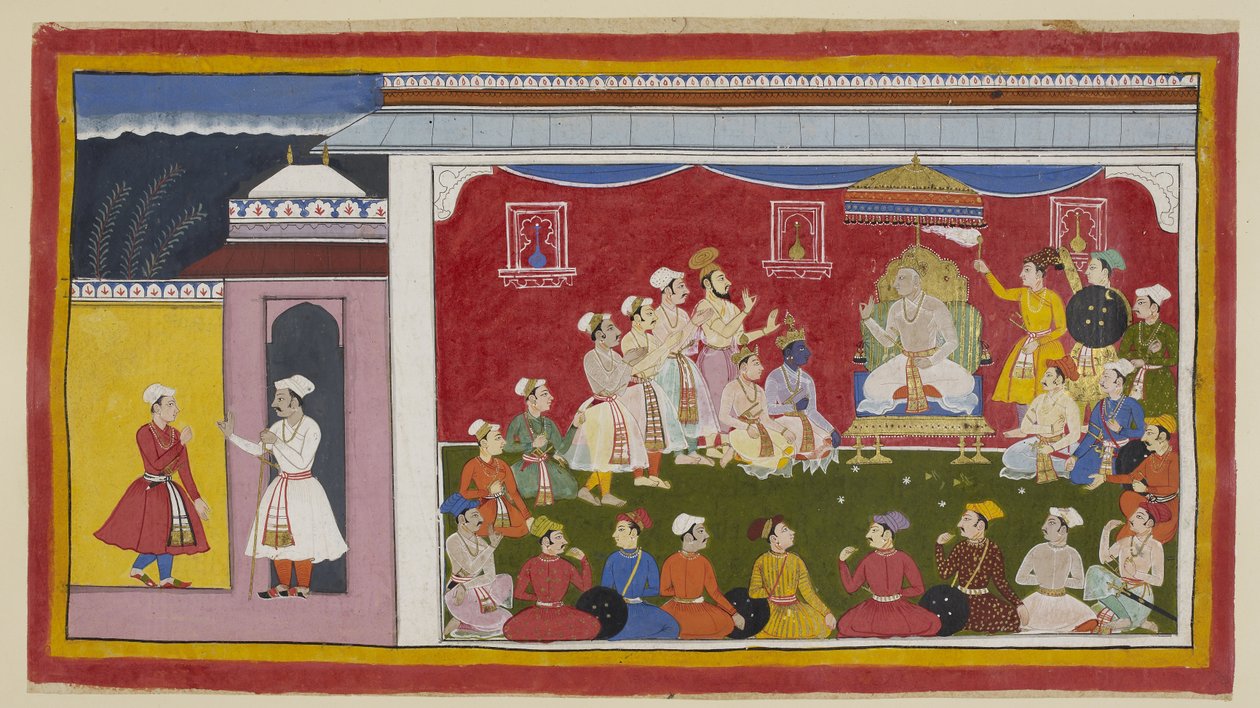 Add 15296 (1) f.8r, Dasaratha è seduto sul suo trono in pieno durbar, con Rama e Laksmana inginocchiati accanto a lui, mentre il messaggero inviato da Bharata dalla corte di suo nonno racconta al re come i suoi altri due figli stanno studiando diligentemen da Indian School
