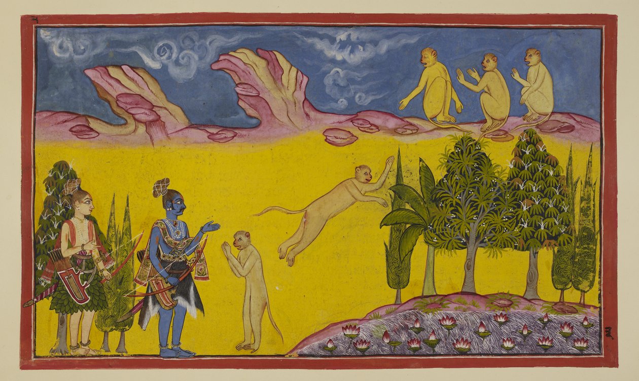 Sugriva è inizialmente spaventato, pensando che questi guerrieri armati siano stati inviati dal suo fratello usurpatore Bālī per distruggerlo. Manda il suo saggio ministro Hanuman a scoprire di più sui due stranieri. Hanuman si presenta da Indian School
