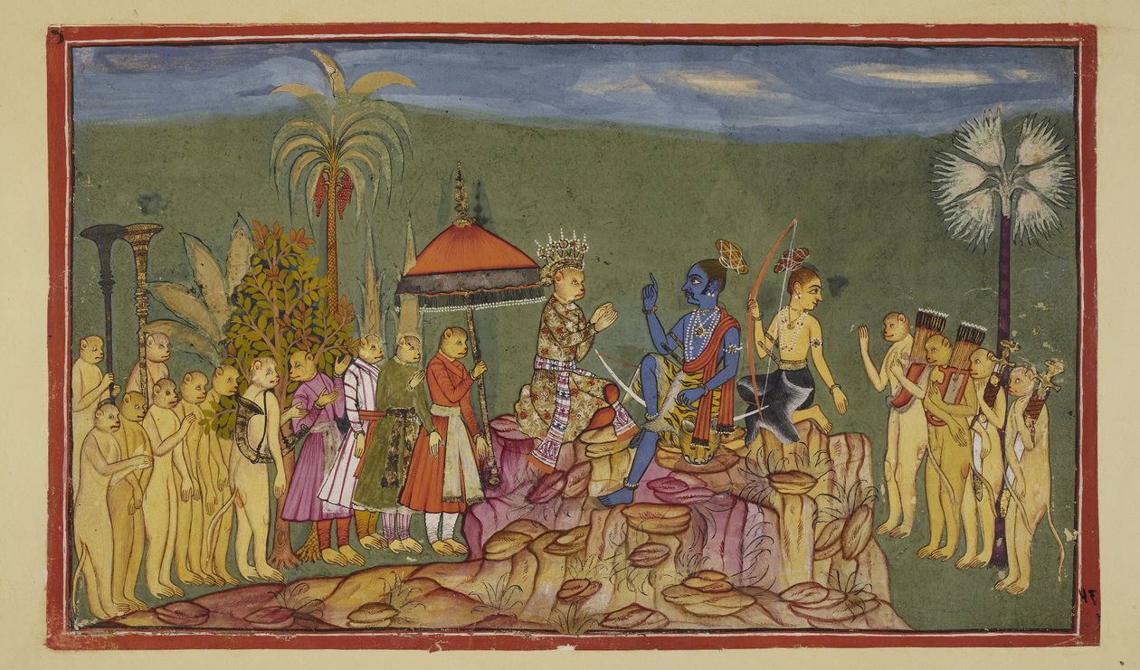 Rama chiede a Sugriva, che aveva precedentemente descritto i quattro quarti del mondo, come li conoscesse così bene. Sugriva gli racconta che era stato inseguito attraverso i quattro quarti dal fratello Ba da Indian School