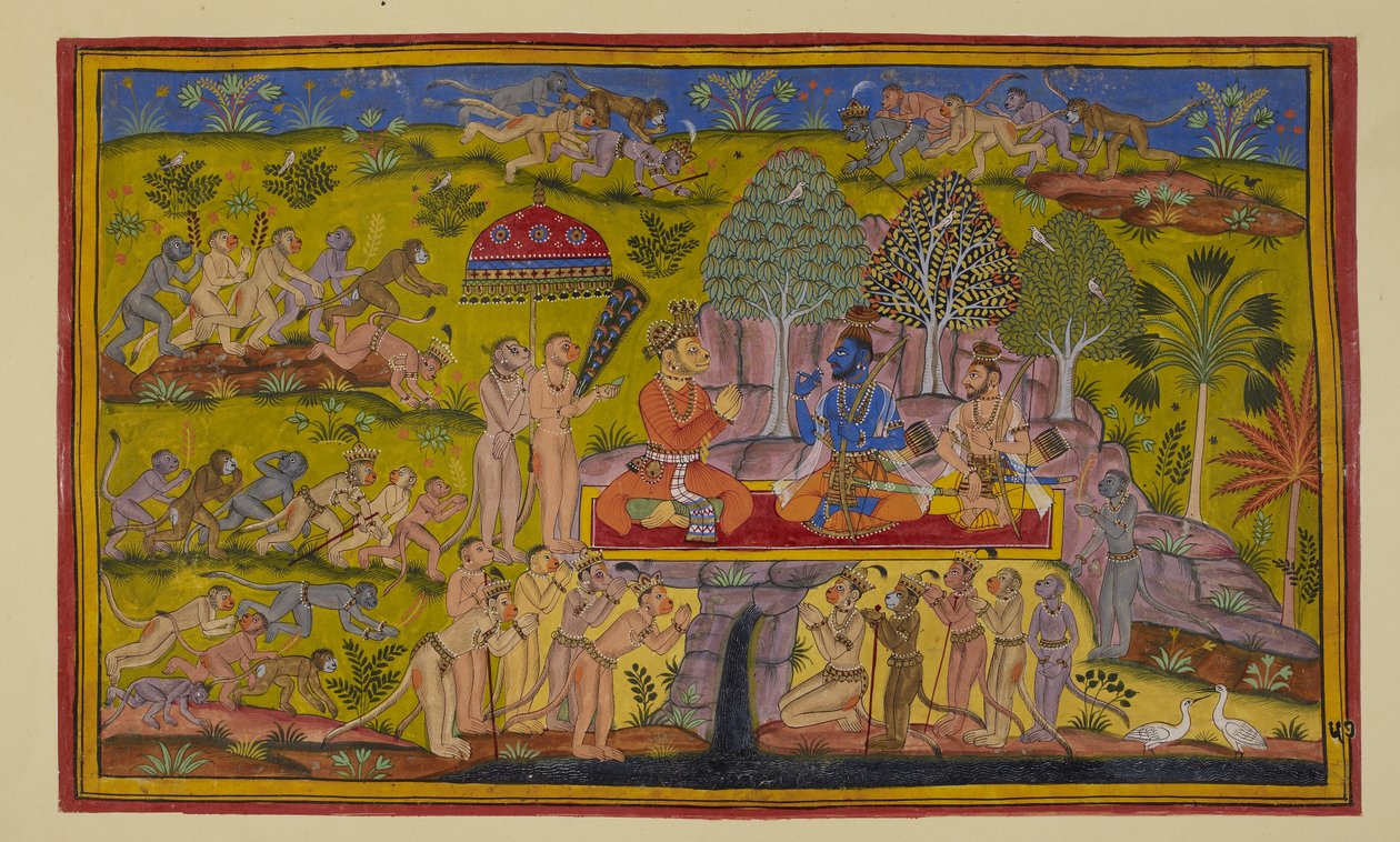 Add 15296 (2) f.57r, Mentre Sugriva sta ancora parlando delle sue avventure precedenti ai due fratelli, le scimmie inviate nei quartieri orientali, settentrionali e occidentali tornano e riferiscono che la loro ricerca è stata vana, non c