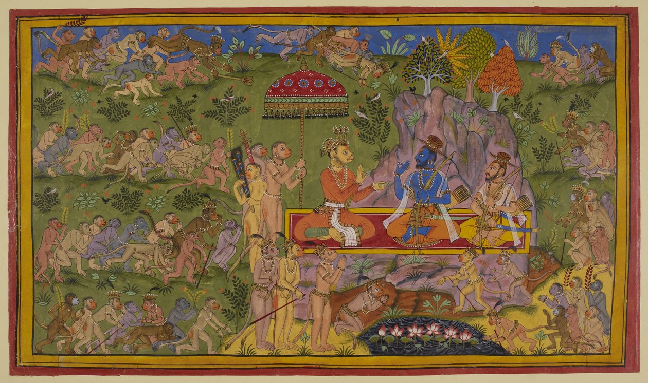 Add 15296 (2) f.58r, Le forze delle scimmie hanno perlustrato le regioni settentrionali, orientali e occidentali invano e tornano a raccontare a Sugriva e Rama della loro delusione. Sugriva Sita su un tappeto sotto un ombrello reale e offre pan (betel-chew da Indian School