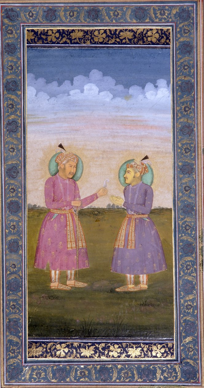 Akbar consegna una piuma gioiello a suo figlio Jahangir da Indian School