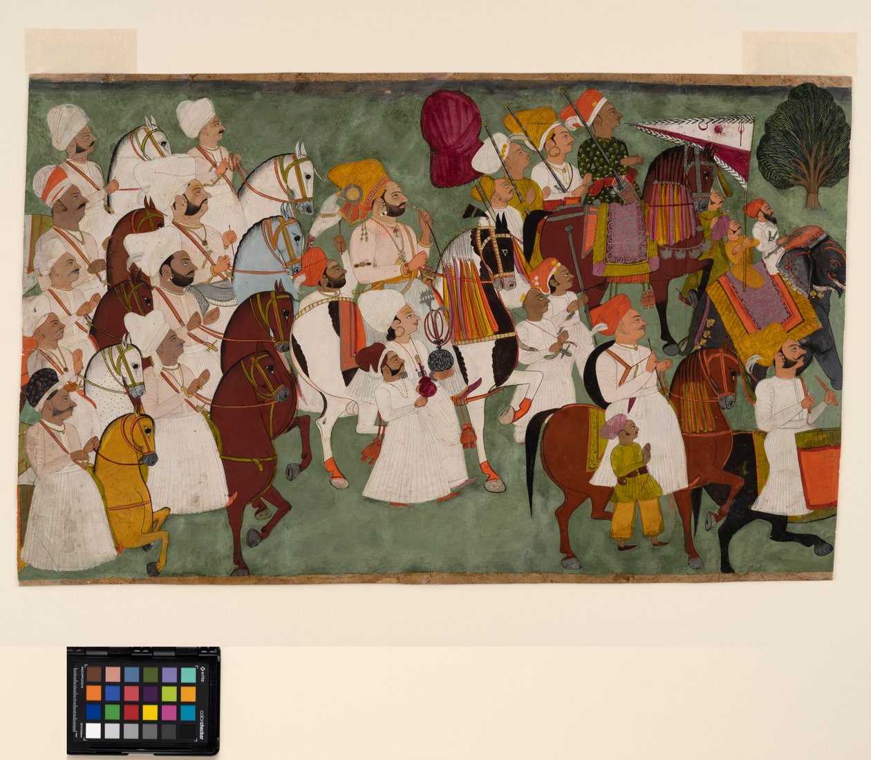 Akhi Singh cavalca con il suo seguito, c.1750 da Indian School