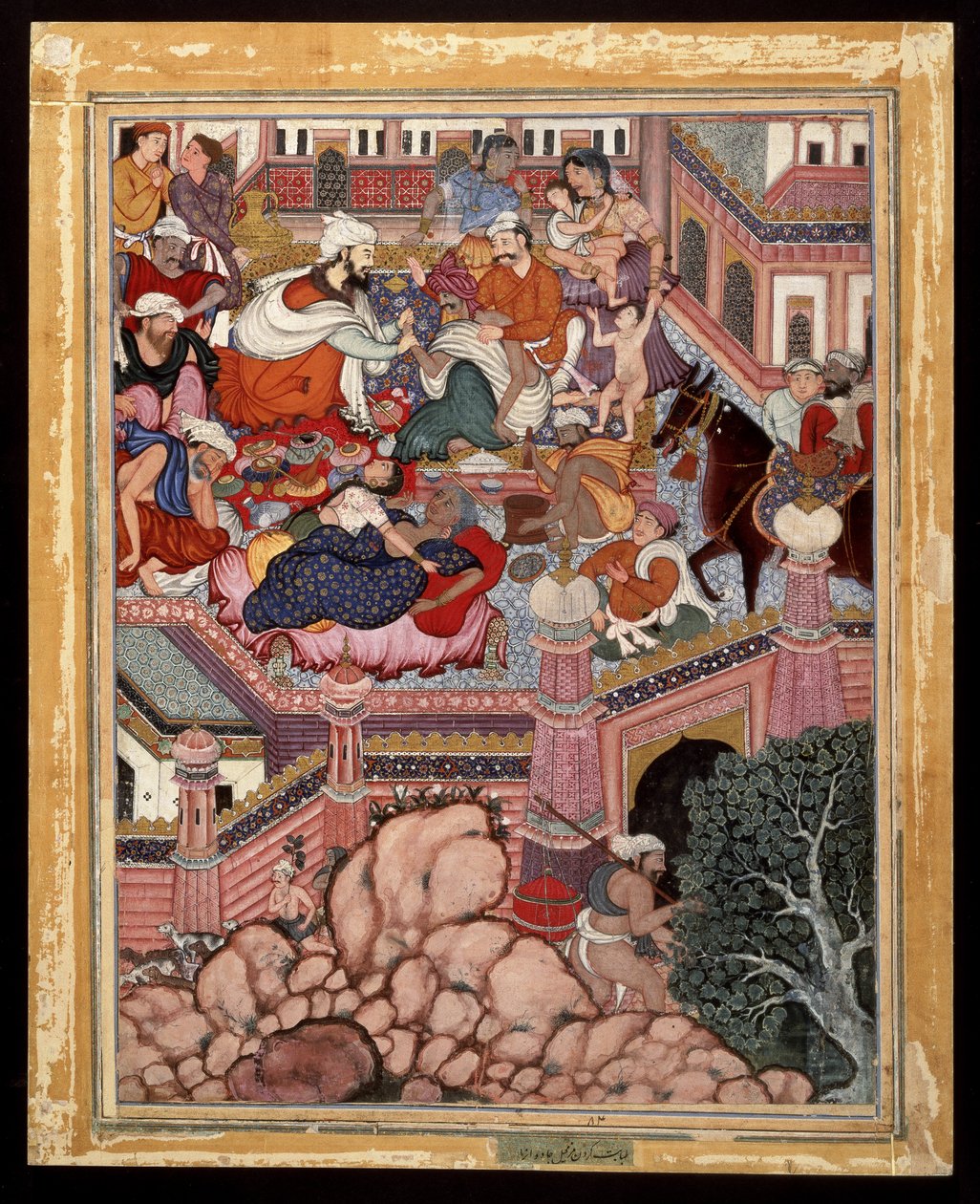 Amr, travestito da Mazmahil il chirurgo, pratica ciarlataneria sui maghi di Antali, ca. 1570 da Indian School