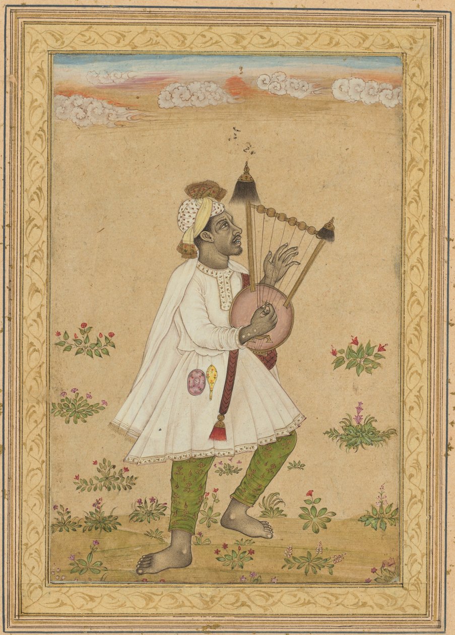 Suonatore di lira africano, 1640-1660 circa (inchiostro, acquerello opaco e oro su carta) da Indian School