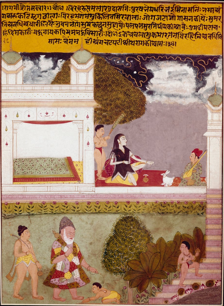 Un asceta ascolta musica sulla terrazza di un palazzo Miniatura della scuola indiana, circa 1760. Collezione privata da Indian School