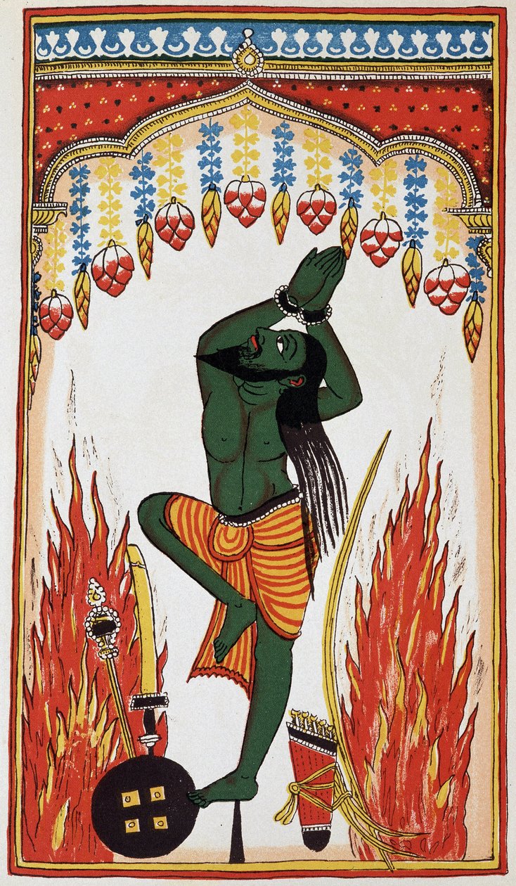 Aradjama, pregando e facendo penitenza per ottenere le armi che lo renderanno invincibile, litografia XVIII secolo da Indian School