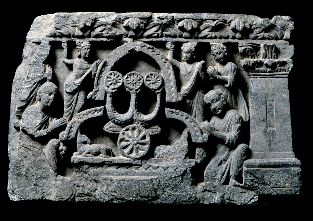 Arte del Gandhara (o Greco-Buddhismo): Buddha in preghiera, il miracolo di Sravasti. Rilievo della Scuola di Gandhara - II-IV secolo - Museo Indiano, Calcutta, India da Indian School