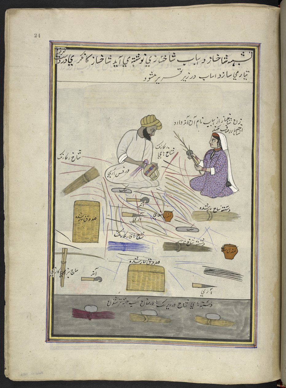 Cestai e sua moglie, 86 disegni rilegati in un volume che raffigura mestieri e occupazioni in Kashmir, Artigiani al lavoro con i loro strumenti e attrezzature, Di un artista del Kashmir, probabilmente a Srinagar, c.1850-60 da Indian School