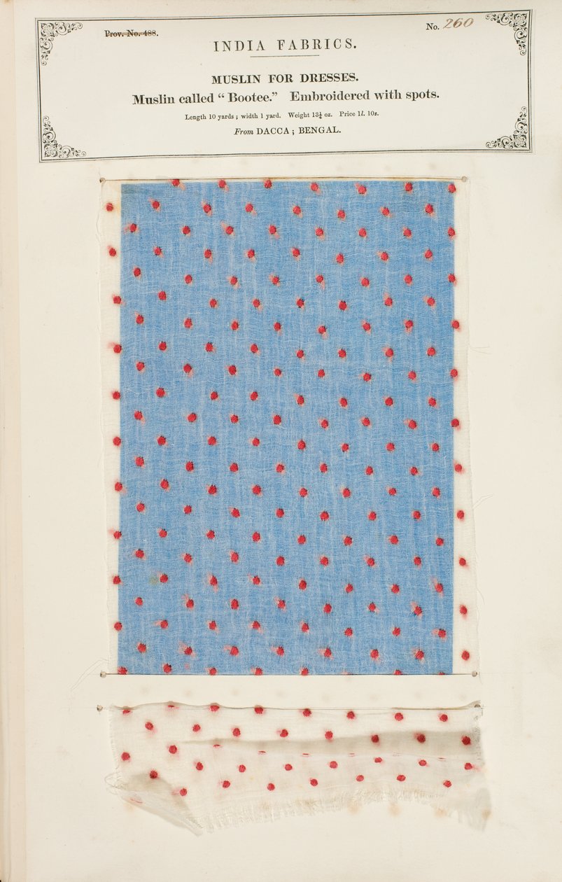 Campione di mussola Bootee ricamata con punti da Dacca in Bengal, da The Collection of the Textile Manufacturers of India, di John Forbes Watson, pubblicato nel 1866 da Indian School