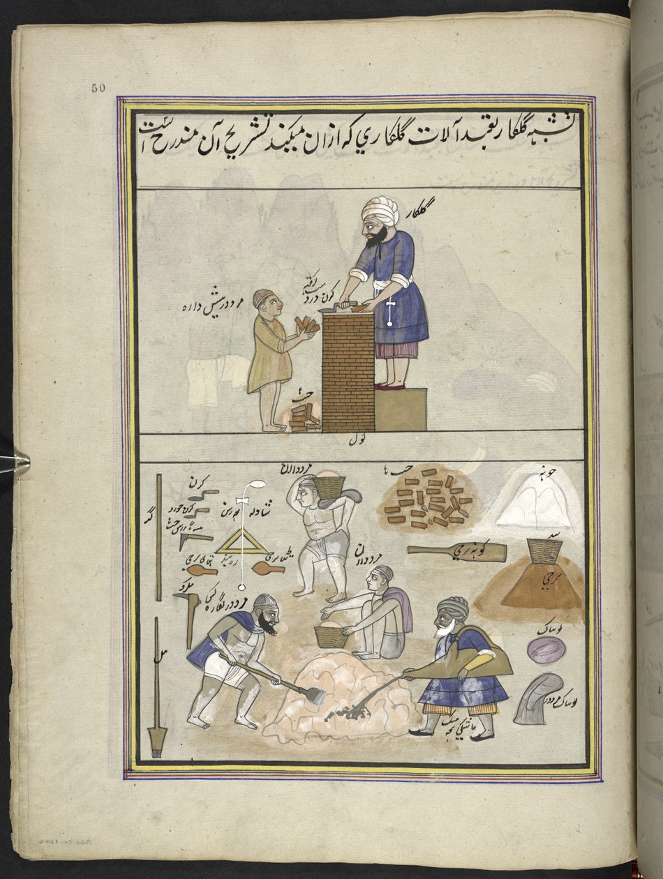Muratori, 86 disegni rilegati in un volume che raffigura mestieri e occupazioni in Kashmir, Artigiani mostrati al lavoro con i loro strumenti e attrezzature, di un artista del Kashmir, probabilmente a Srinagar, c.1850-60 da Indian School