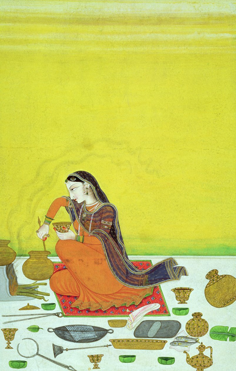 Una signora prepara un pasto, miniatura da una serie Bhagavata Purana, Kangra, c.1810 da Indian School