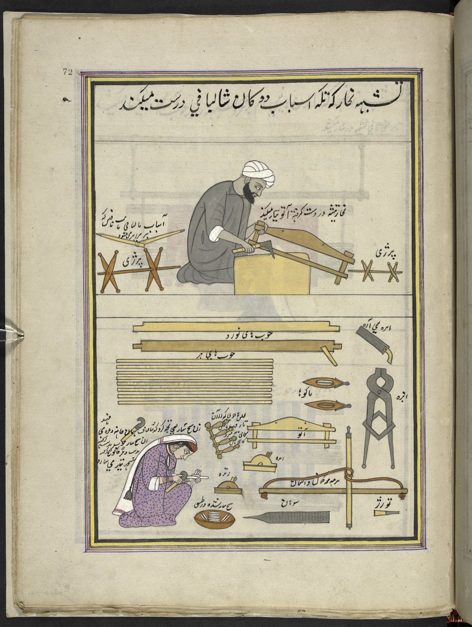 Falegname e moglie che fanno un telaio per scialli, 86 disegni rilegati in un volume che raffigurano mestieri e occupazioni in Kashmir, Artigiani al lavoro con i loro strumenti e attrezzature, Di un artista del Kashmir, probabilmente a Srinagar, c.1850-60 da Indian School