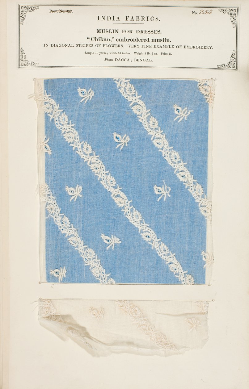 Campione di mussola ricamata Chikan da Dacca in Bengal, da The Collection of the Textile Manufacturers of India, di John Forbes Watson, pubblicato nel 1866 da Indian School