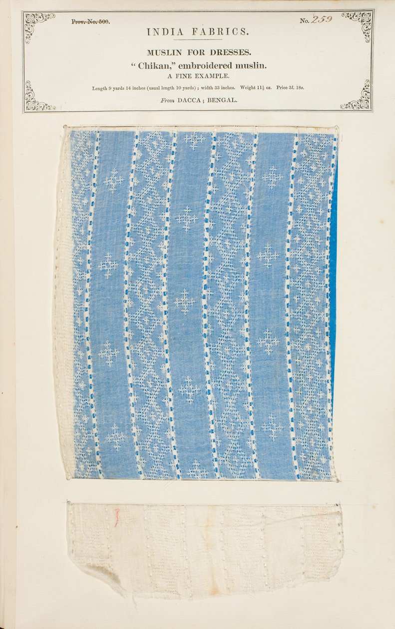 Campione di mussola ricamata Chikan da Dacca in Bengal, da The Collection of the Textile Manufacturers of India, di John Forbes Watson, pubblicato nel 1866 da Indian School