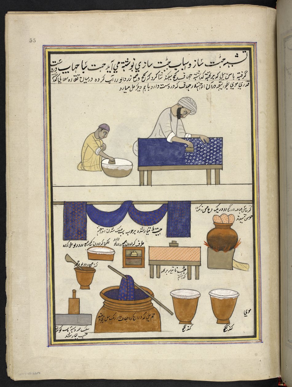 Stampatore di tessuti con blocco a mano e tintore, 86 disegni rilegati in un volume che raffigurano mestieri e occupazioni in Kashmir, Artigiani al lavoro con i loro strumenti e attrezzature, Di un artista del Kashmir, probabilmente a Srinagar, c.1850-60 da Indian School