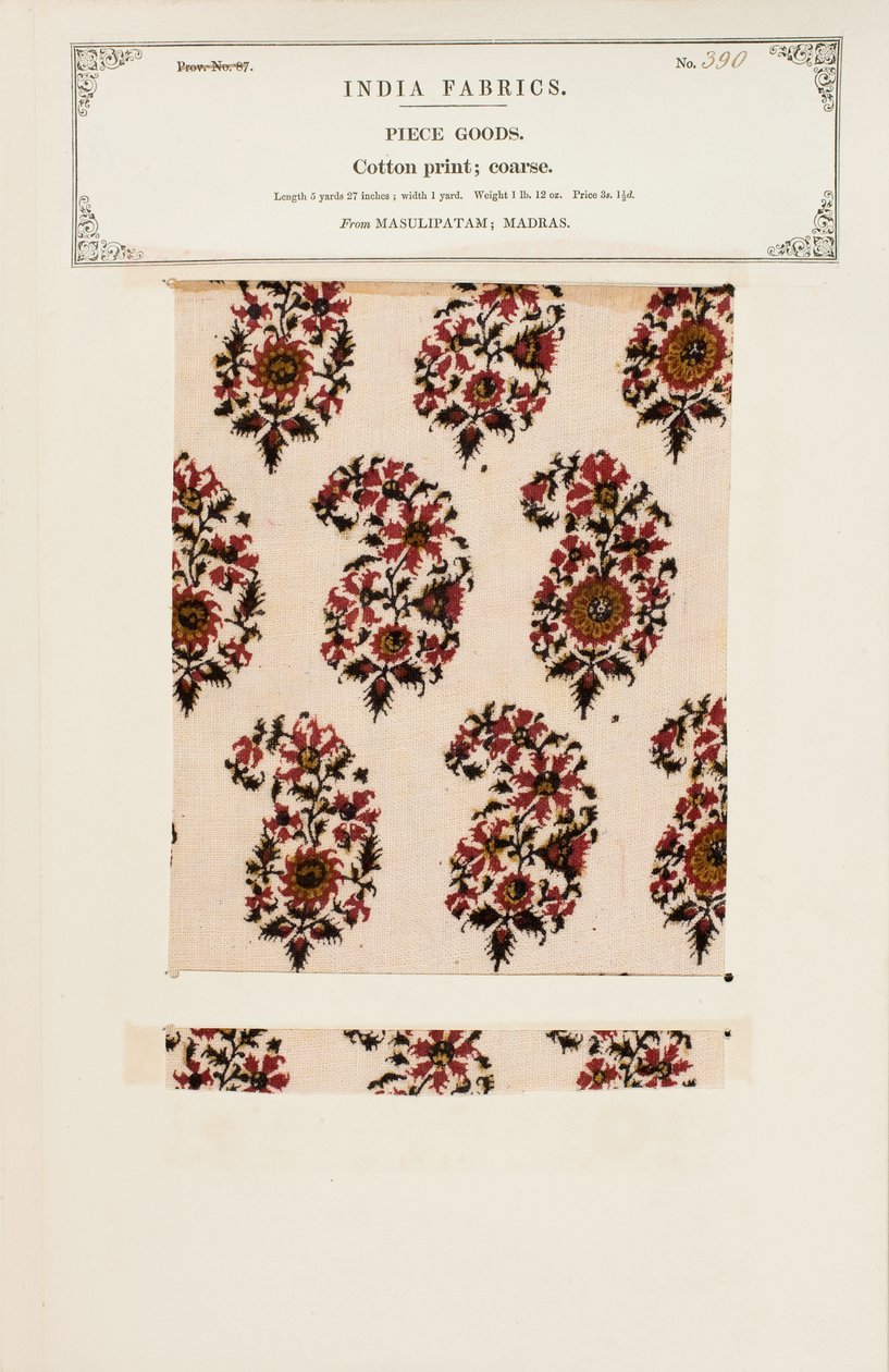 Campione di stampa in cotone grezzo da Masulipatam in Madras, da The Collection of the Textile Manufacturers of India, di John Forbes Watson, pubblicato nel 1866 da Indian School