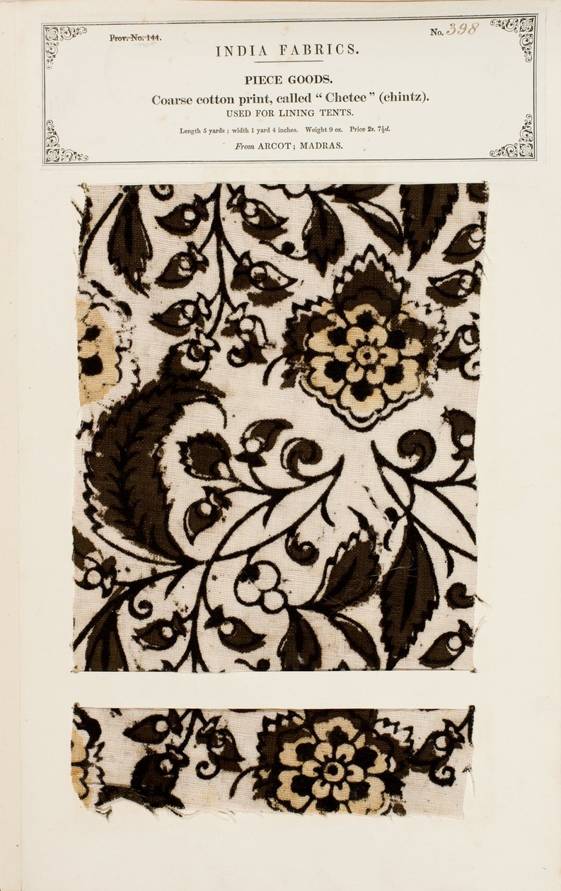Campione di cotone grezzo con motivo chetee (chintz) da Arcot in Madras, da The Collection of the Textile Manufacturers of India, di John Forbes Watson, pubblicato nel 1866 da Indian School
