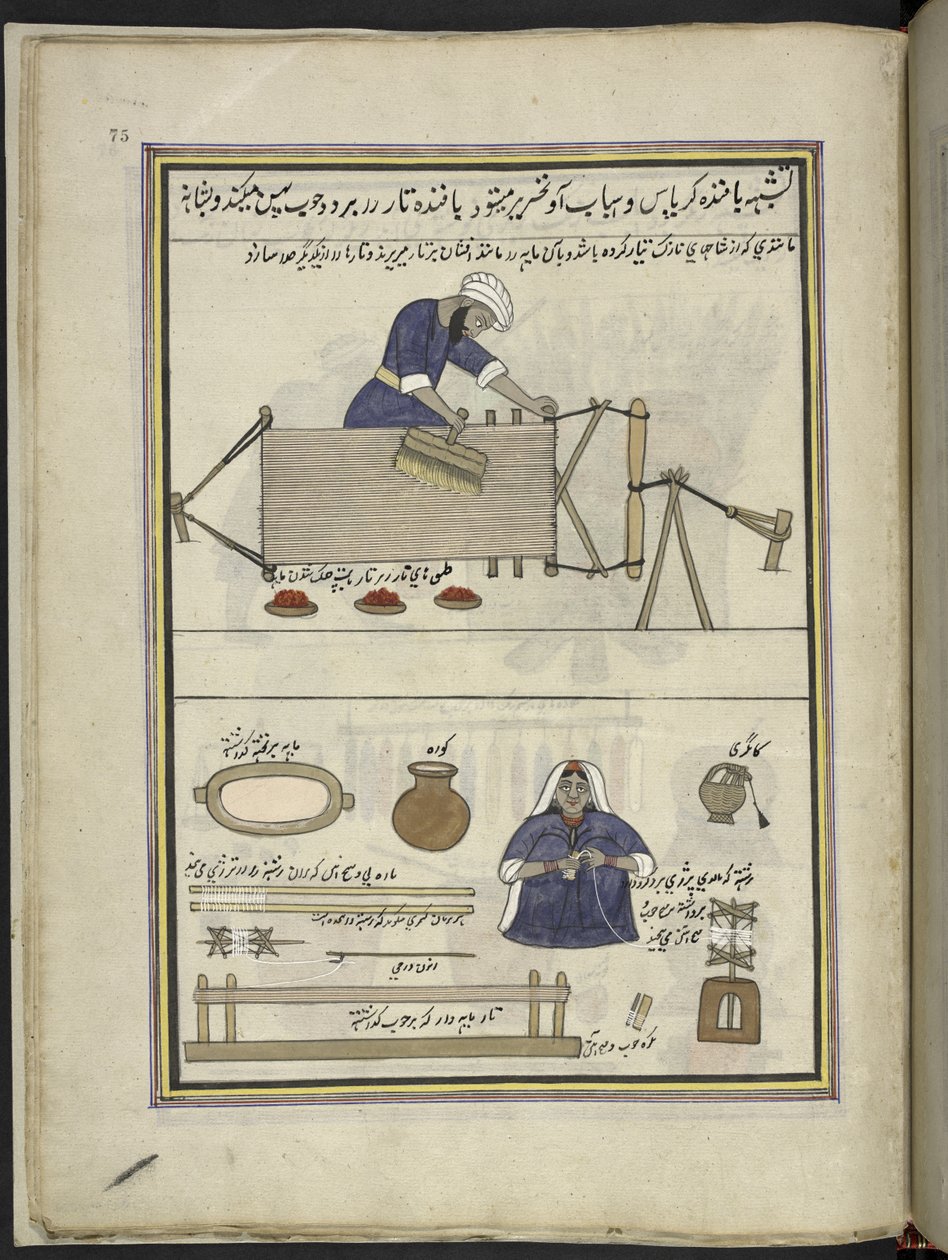 Tessitore di cotone che pettina un ordito; donna che avvolge il cotone, 86 disegni rilegati in un volume che raffigura mestieri e occupazioni in Kashmir, Artigiani mostrati al lavoro con i loro strumenti e attrezzature, di un artista del Kashmir, probabilm da Indian School