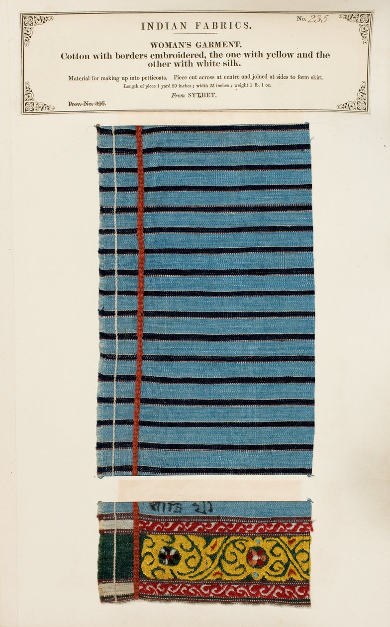 Campione di cotone ricamato con seta bianca e gialla da Sylhet, da The Collection of the Textile Manufacturers of India, di John Forbes Watson, pubblicato nel 1866 da Indian School