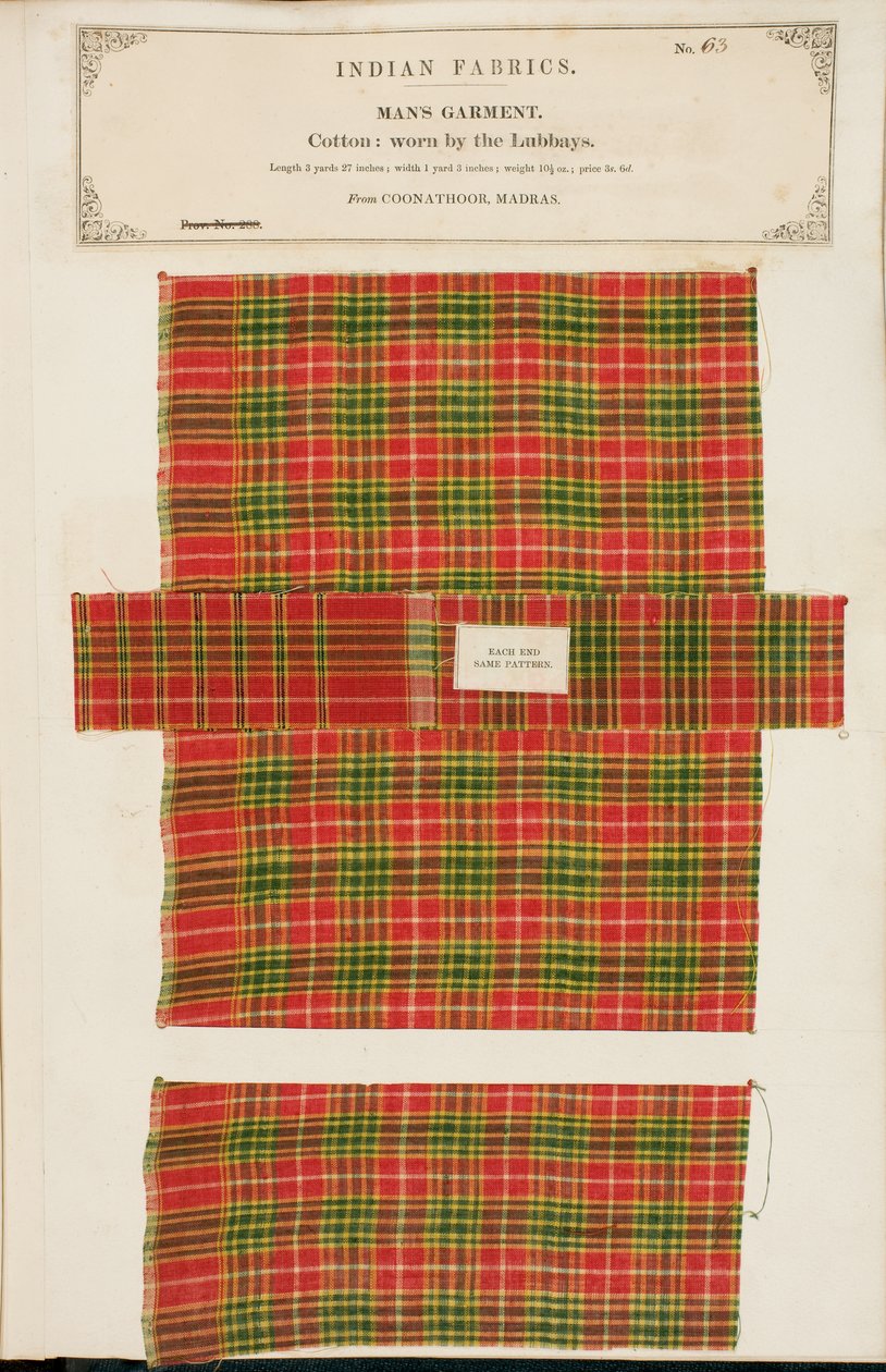 Campione di cotone da Coonathoor in Madras, da The Collection of the Textile Manufacturers of India, di John Forbes Watson, pubblicato nel 1866 da Indian School