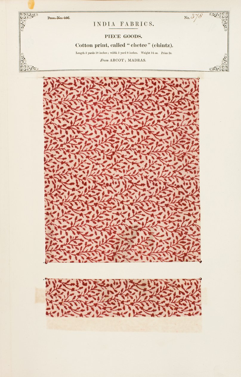 Campione di cotone con stampa chetee (chintz) da Arcot in Madras, da The Collection of the Textile Manufacturers of India, di John Forbes Watson, pubblicato nel 1866 da Indian School