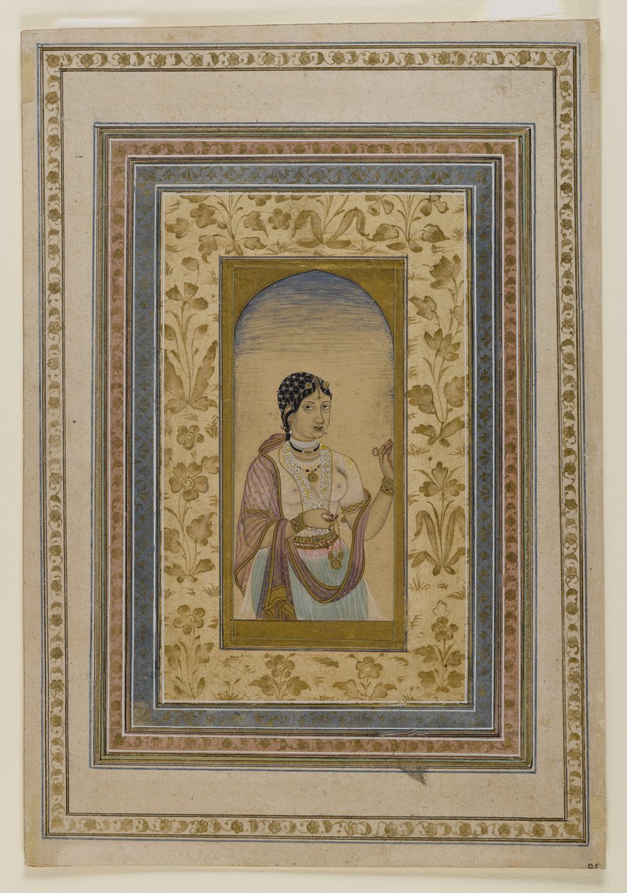 Cortigiana alla finestra, XVIII secolo (acquerelli, oro e inchiostro su carta) da Indian School
