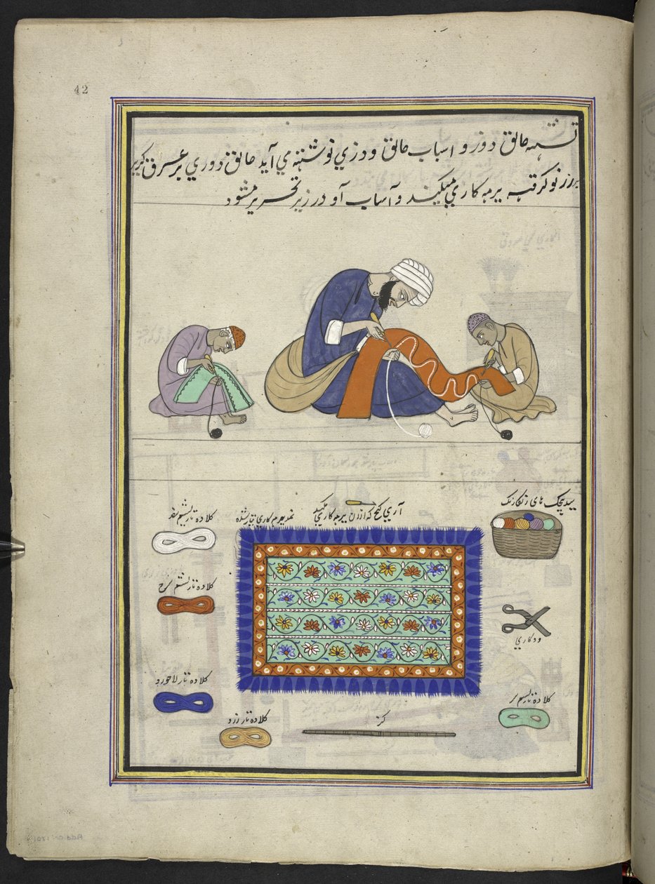 Artigiani che ricamano tappeti di feltro (namda), 86 disegni rilegati in un volume che raffigura mestieri e occupazioni in Kashmir, Artigiani al lavoro con i loro strumenti e attrezzature, da un artista del Kashmir, probabilmente a Srinagar, c.1850-60 da Indian School
