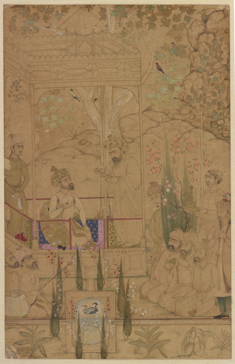 Imperatore Babur con attendenti in un giardino, c.1590 da Indian School