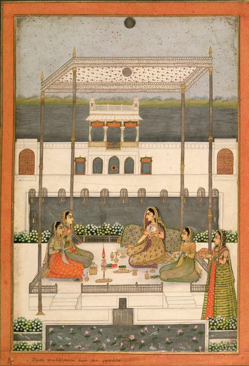 Festa serale nel giardino di un palazzo Mughal, Lucknow o Murshidabad, Bengala Occidentale, 1760 da Indian School