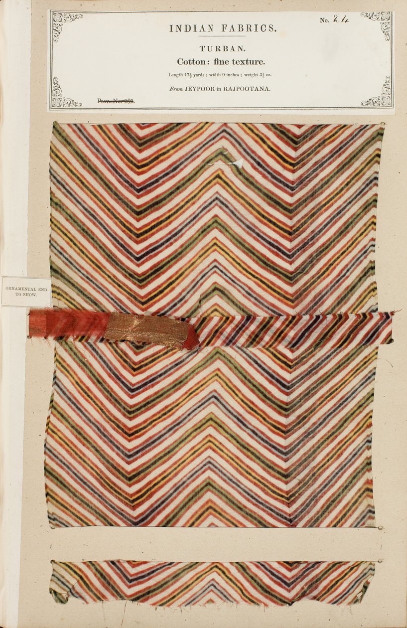 Campione di turbante in cotone fine da Jeypoor in Rajpootana, da The Collection of the Textile Manufacturers of India, di John Forbes Watson, pubblicato nel 1866 da Indian School