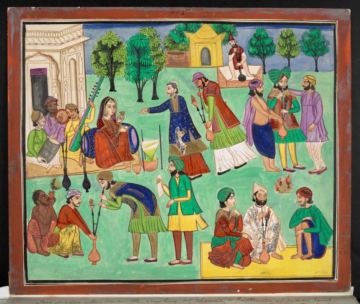 Gouache di un artista di Amritsar che raffigura il fumo di Charras, un tipo di canapa indiana importata nel nord dell