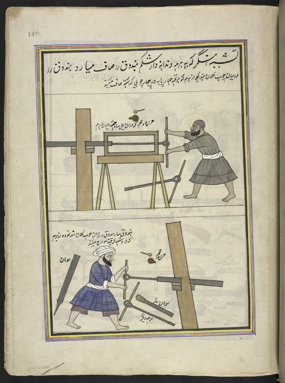 Fabbri che forano una canna di fucile, 86 disegni rilegati in un volume che raffigurano mestieri e occupazioni in Kashmir, Artigiani al lavoro con i loro strumenti e attrezzature, Di un artista del Kashmir, probabilmente a Srinagar, c.1850-60 da Indian School