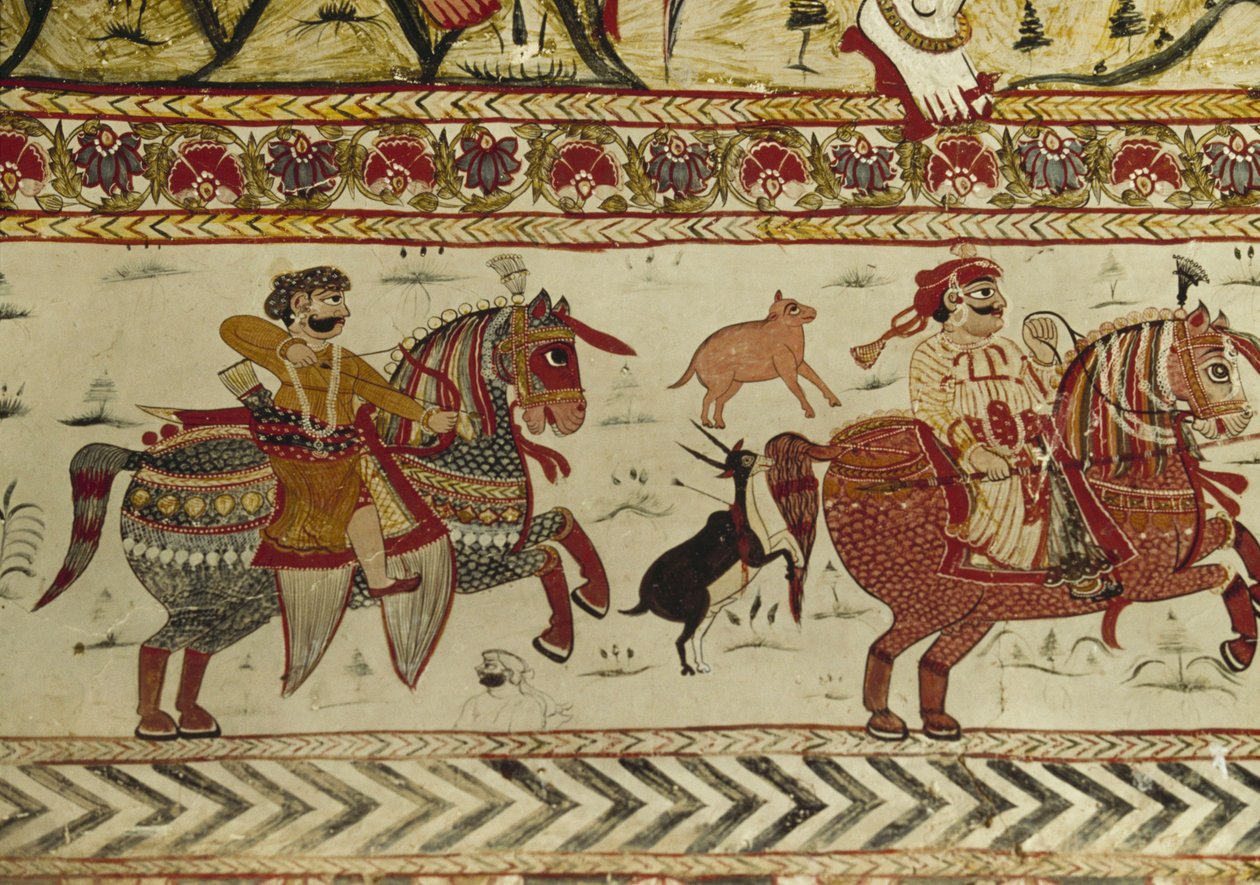 Scena di caccia, tempio di Laxminarayan, Orchha, Madhya Pradesh, India da Indian School