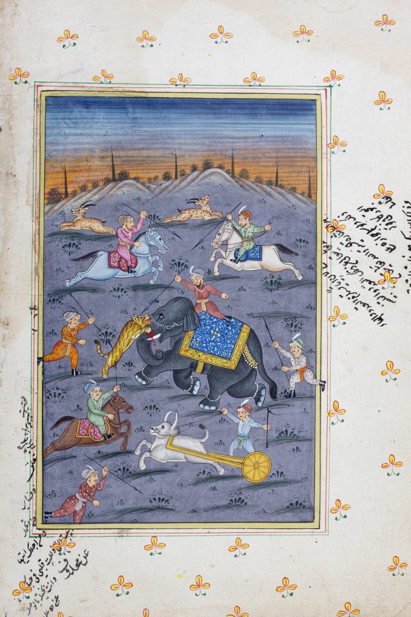 Scena di caccia, pittura miniatura rajasthani da Indian School