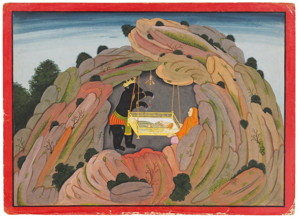 Illustrazione al Bhagavata Purana: Jambavan dà il gioiello Symantaka a sua figlia per giocare, c.1760-65 da Indian School