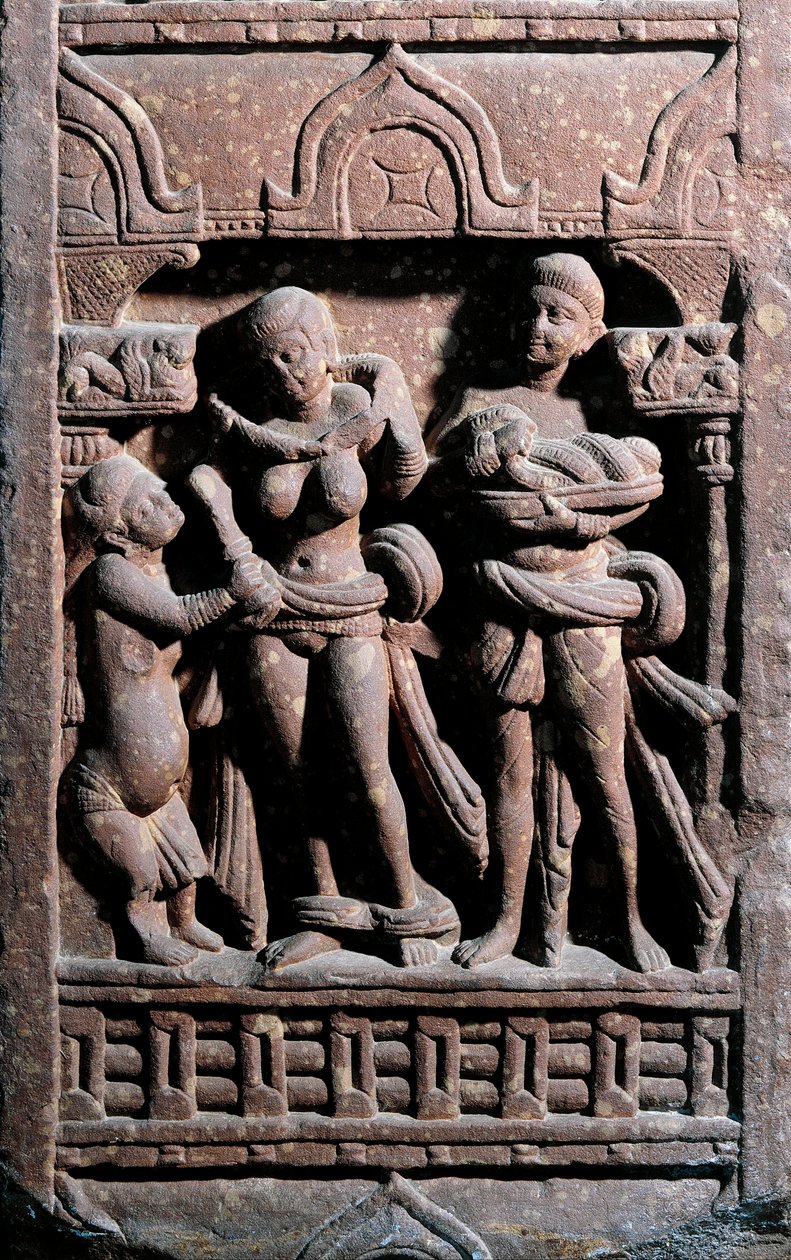 Arte indiana: Sundarananda aiuta Sundari nella sua toilette. Periodo Kushan da Indian School
