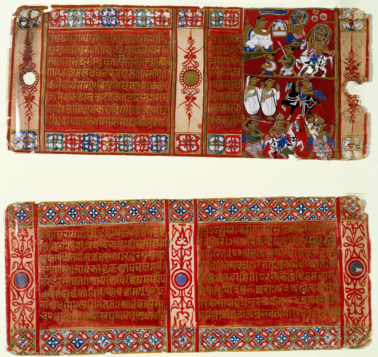 Kalaka diventa un monaco Jain; Kalaka rapisce la monaca, due fogli da un manoscritto Jain disperso del Kalakacharya-katha, Uttar Pradesh, c.1465 da Indian School