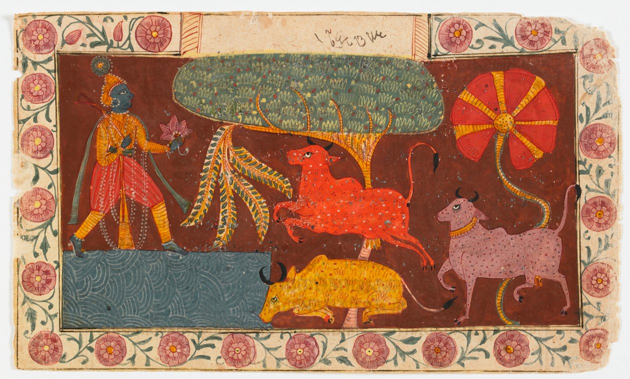 Krishna e mucche a uno stagno, da un Bhagavata Purana da Indian School