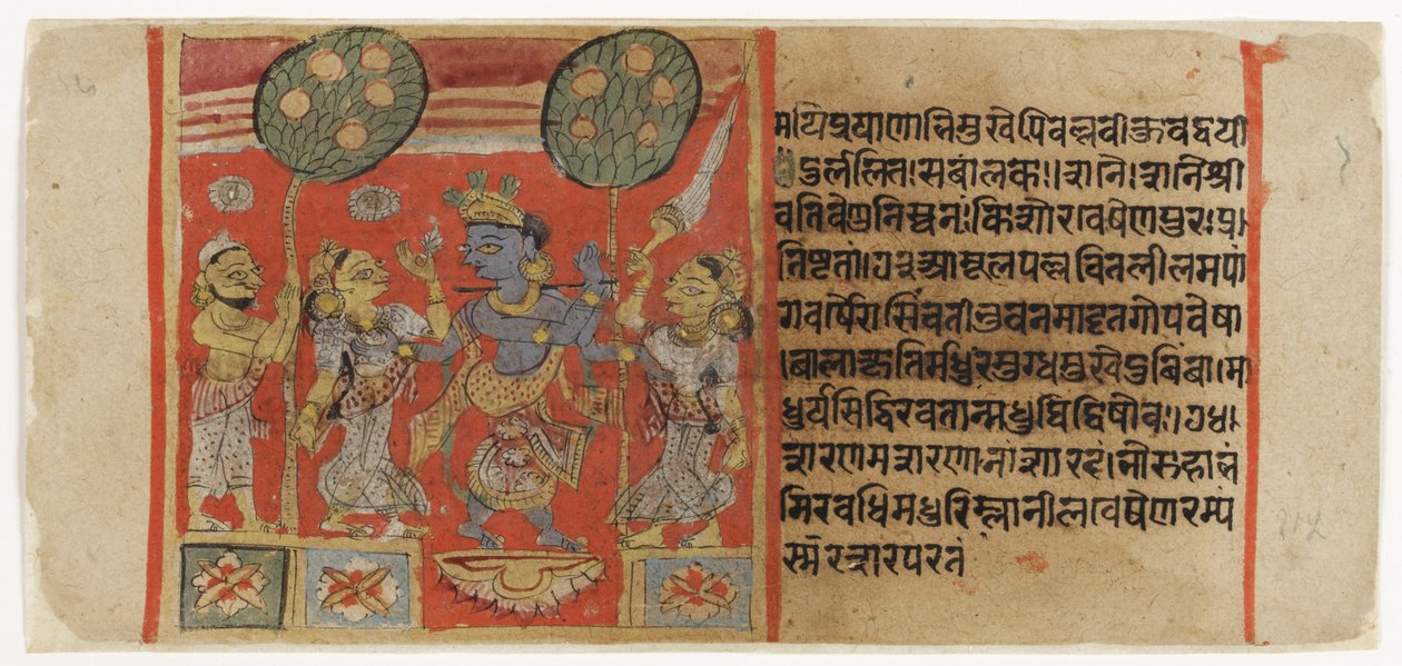 Krishna suona il flauto davanti a due gopi, con un devoto che osserva, dal Balagopalastuti c.1450 da Indian School