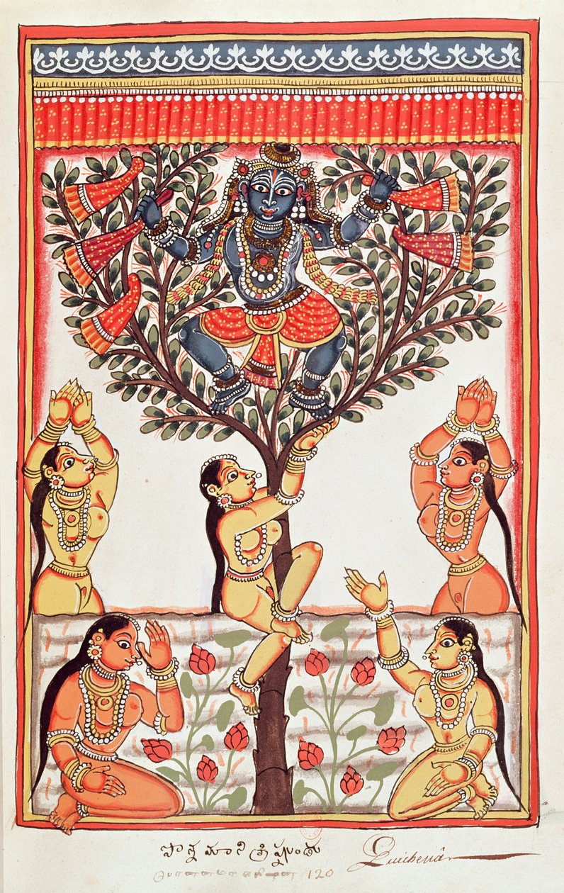 Krishna che ruba i vestiti delle Gopi che nuotano nel fiume Yamuna da Indian School