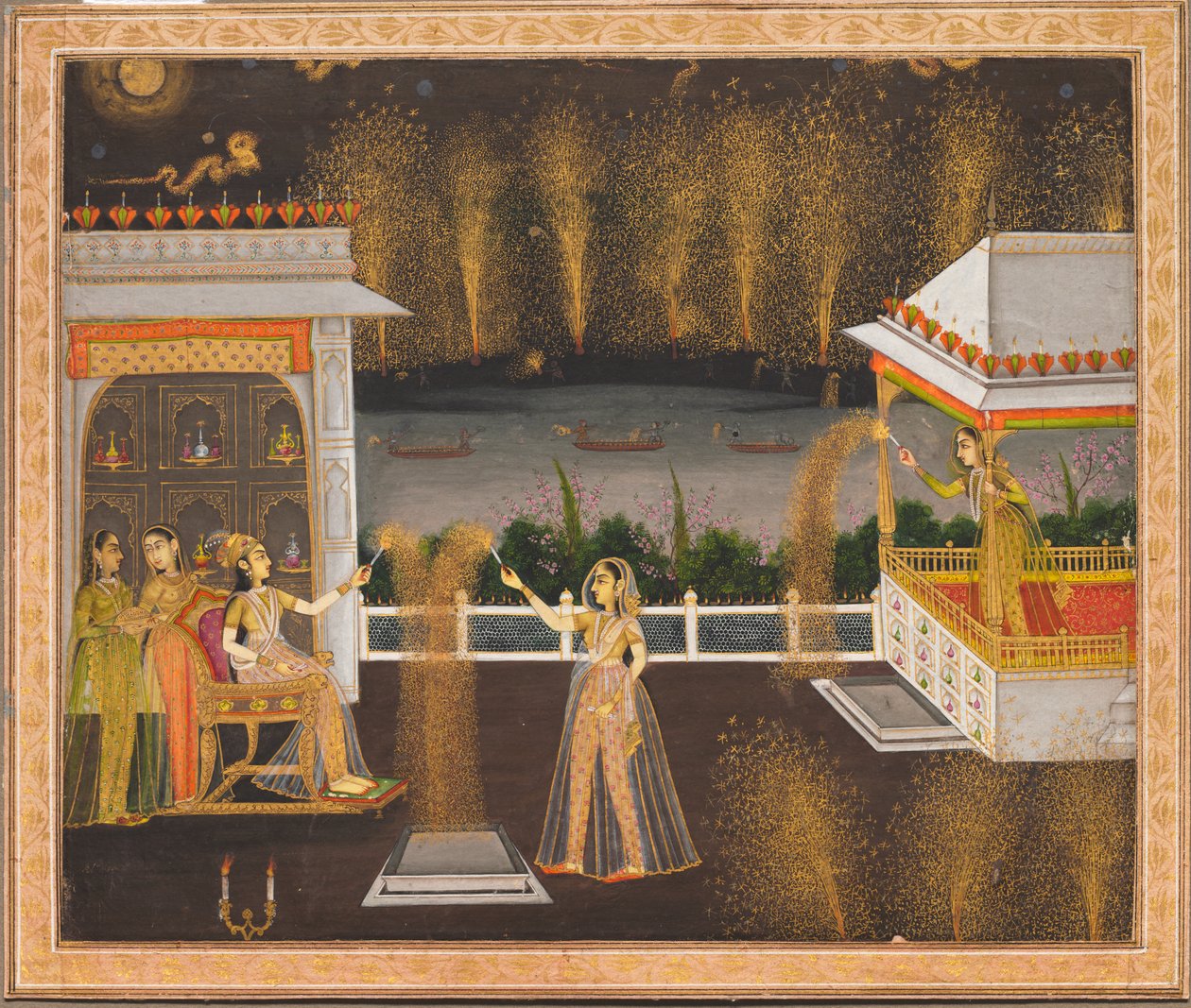 Dame che celebrano il Diwali, 1760 circa (acquerello opaco e oro su carta) da Indian School