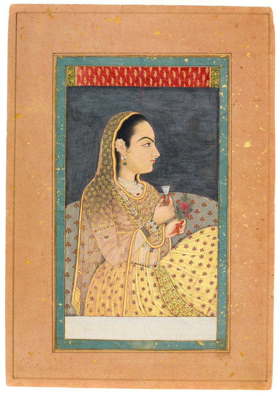 Signora con una tazza e un fiore, inizio XVIII secolo da Indian School